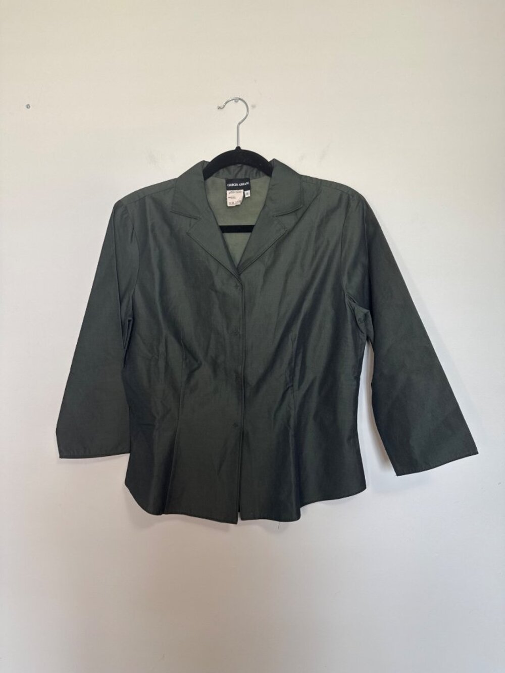 Giorgio Armani Silk Notch Collar Blouse in Olive Green 42 Large